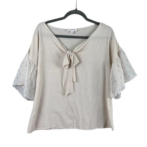 THML Linen Blouse Size Small Ivory Gold Bow Sheer Bell Sleeve Feminine Boho Top - Picture 1 of 12